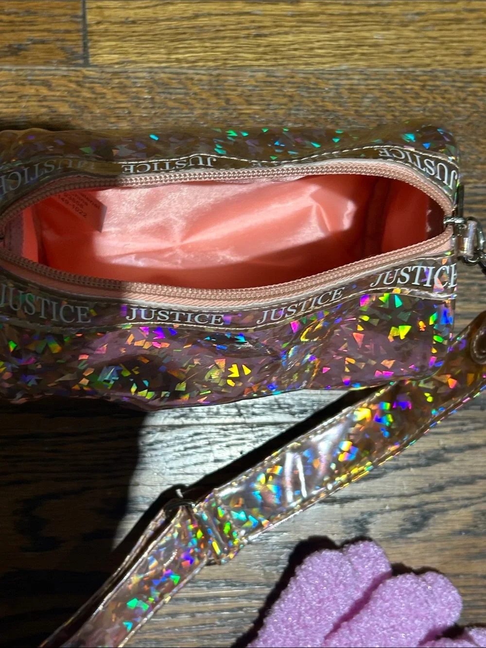 Justice Holographic Crossbody Bag with Pink Exfoliating Gloves